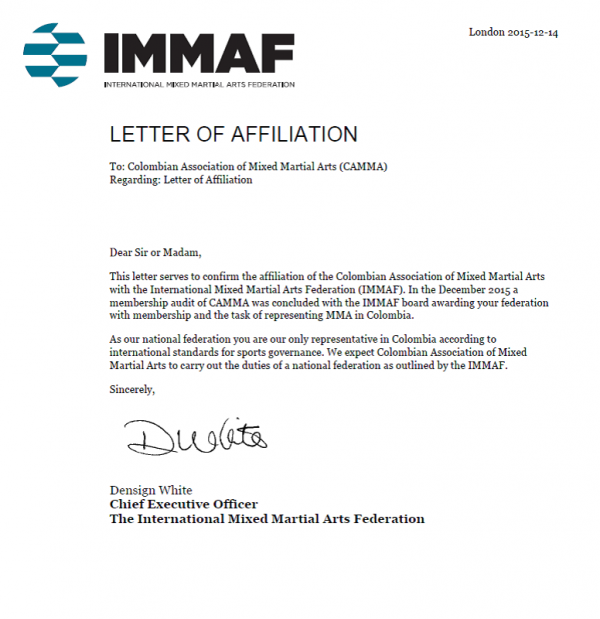 OCAMM se convierte en miembro oficial para colombia de International Martial Arts Federation IMMAF